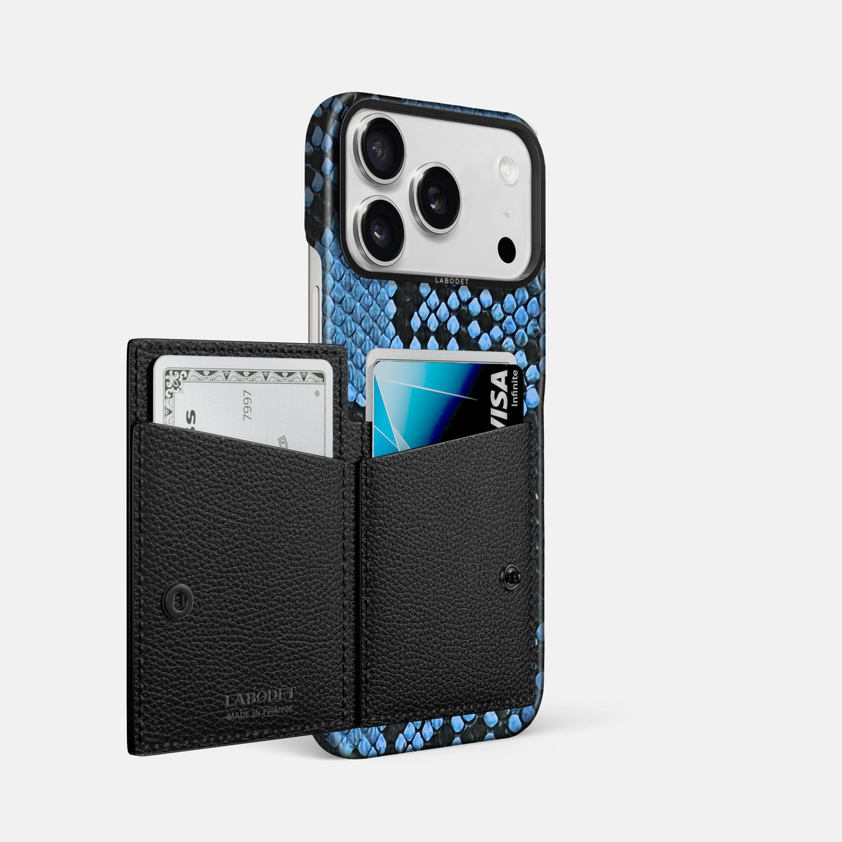 Bi-Fold Case For iPhone 18 Pro Max In Deluxe Python -2 | Blue-Jeans-Black