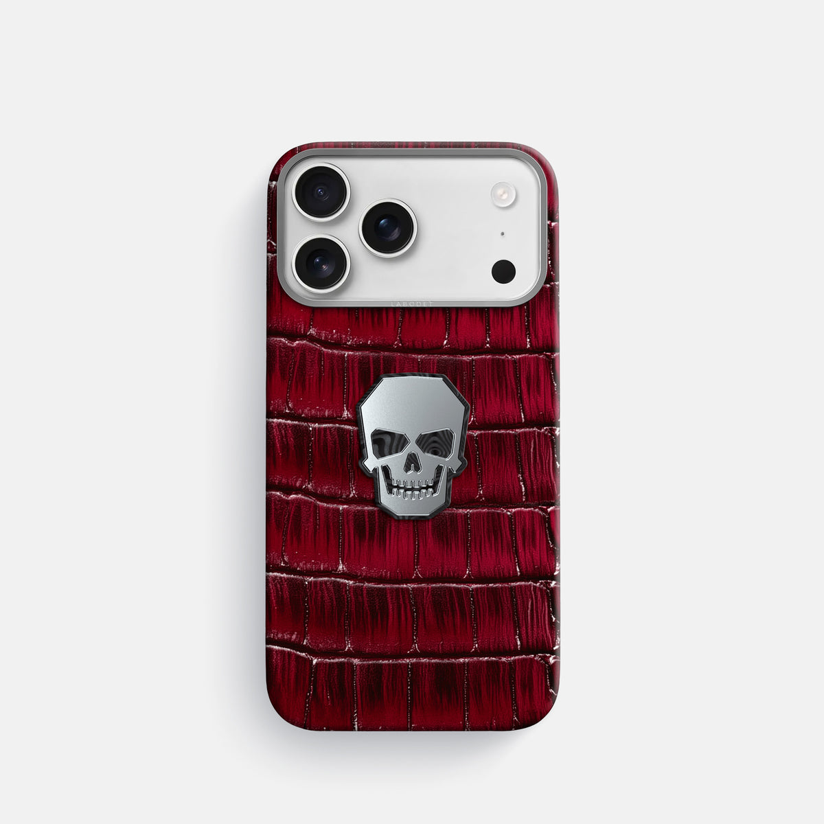 Classic Case With Titanium Skull For iPhone 17 Pro In Patina Alligator -1 | Havana-Burgundy-Steel