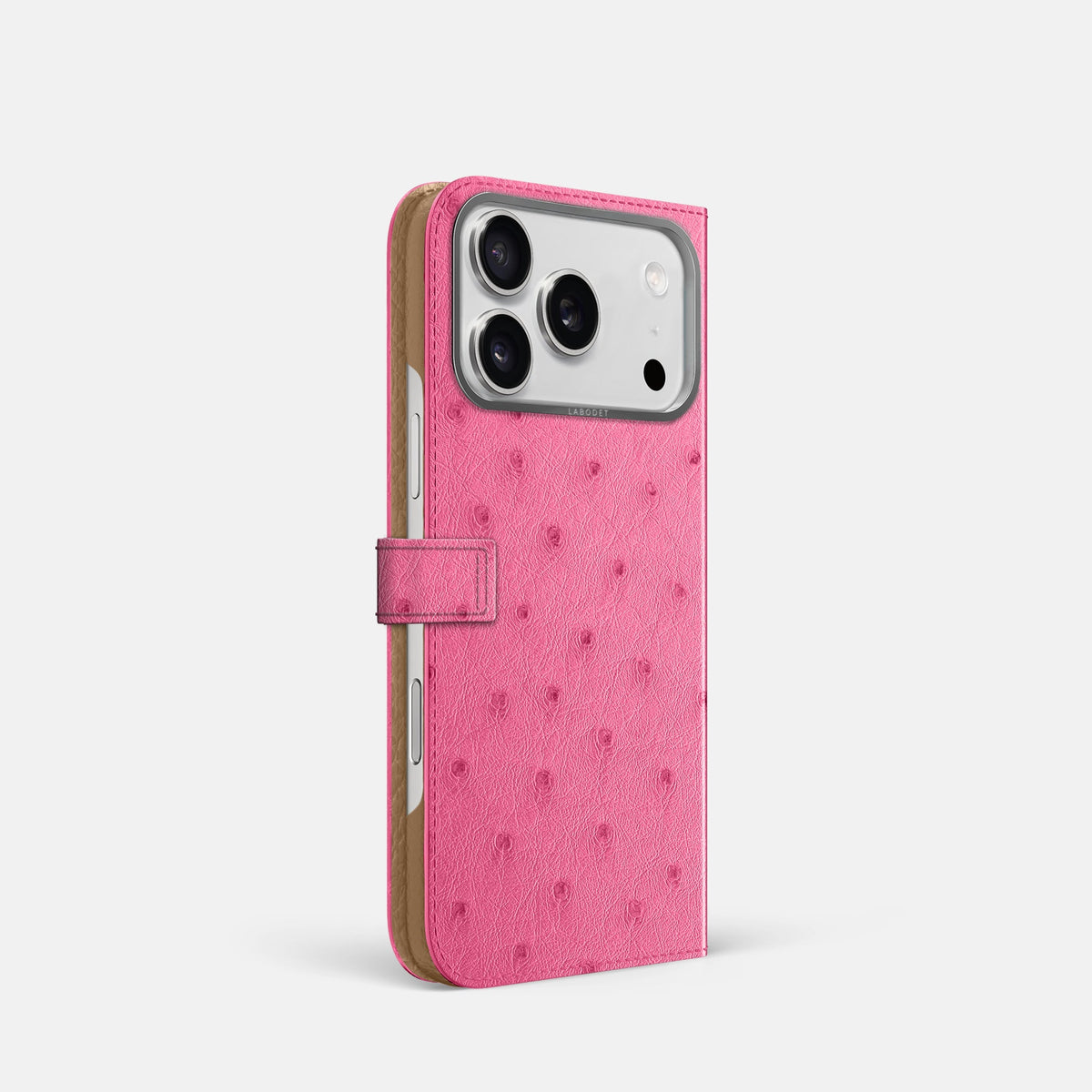 Folio Case with Clasp For iPhone 18 Pro In Ostrich -1 | Pink-Steel