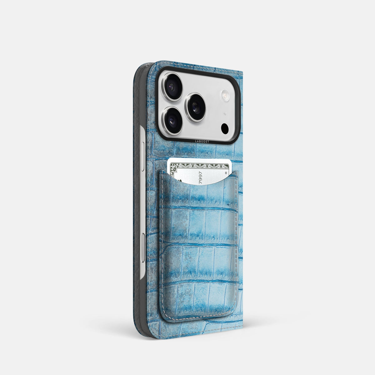 Folio Case with Card For iPhone 18 Pro In Himalayan Crocodile -1 | Ice-Blue-Black