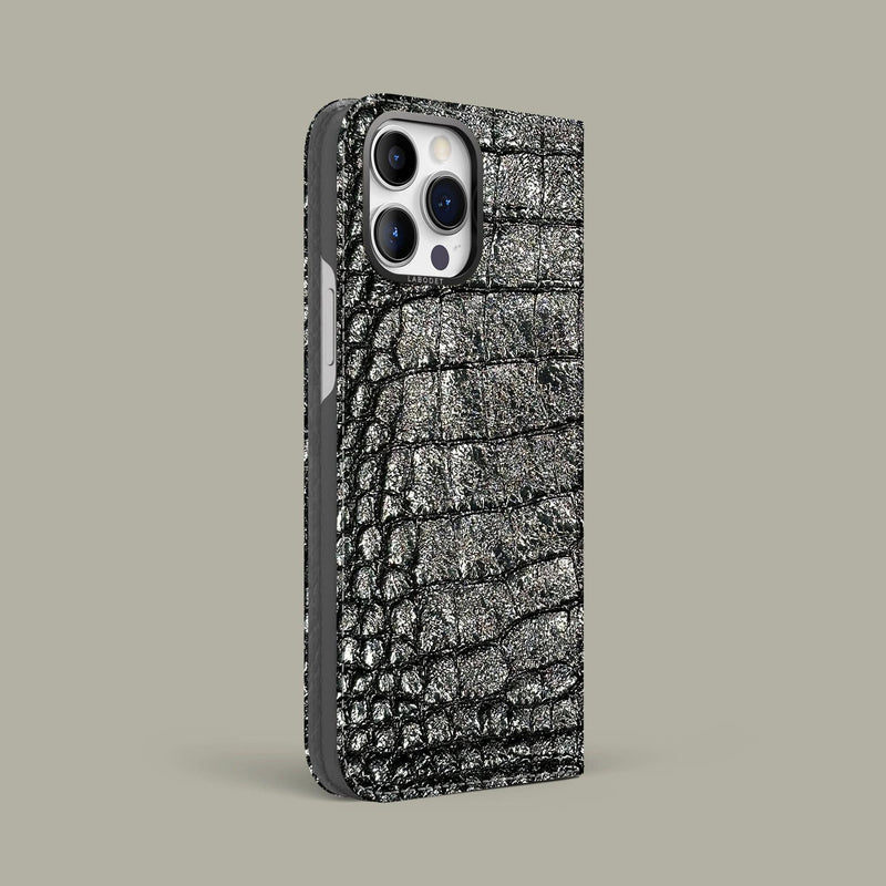 Old Silver iPhone 15 Pro Max Folio Case 1/1 Alligator with Black Metal -1 | Old-Silver-Black