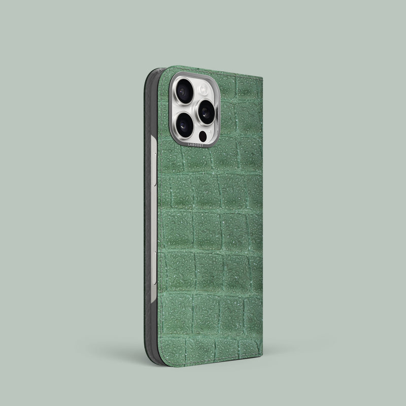 Mint-Water-Drop iPhone 16 Pro Folio Case 1/1 Alligator with Steel Metal -1 | Mint-Water-Drop-Steel
