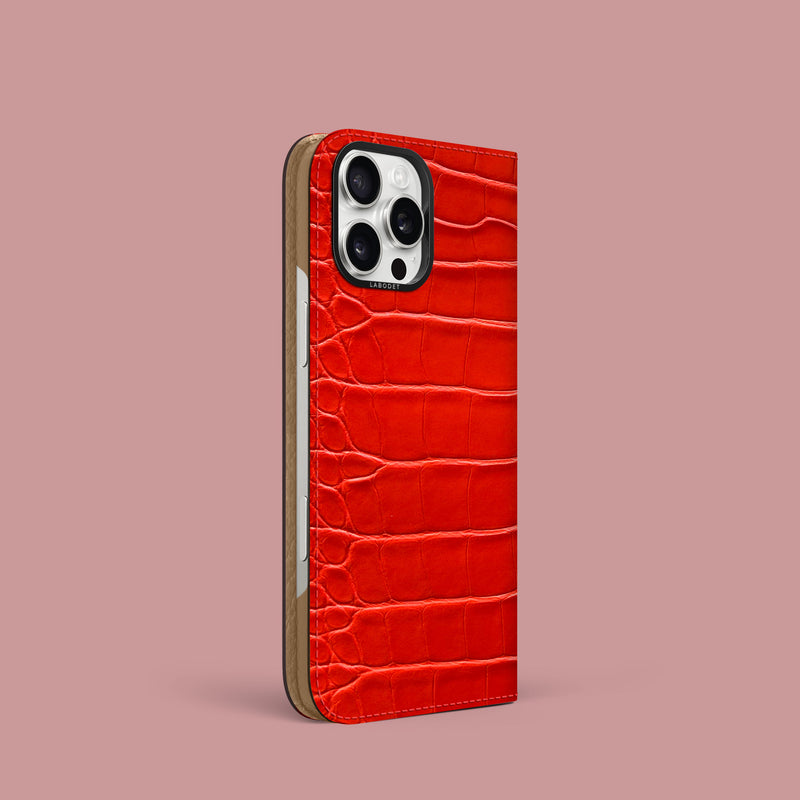 iPhone 16 Pro Folio Case 1/1 Deep Coral Alligator with Black Metal -1 | Deep-Coral-Black