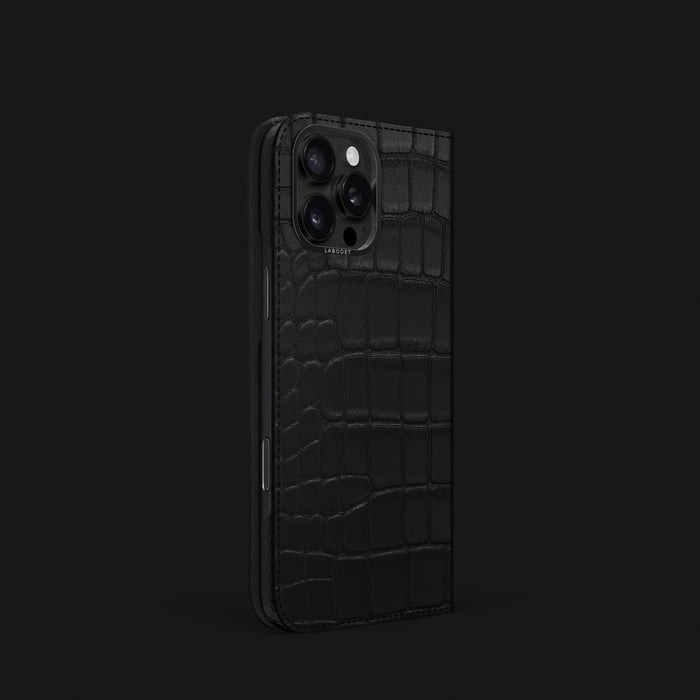 Folio Case Edition-Black For iPhone 16 Pro In Alligator with Black Metal -1 | Edition-Black-Black