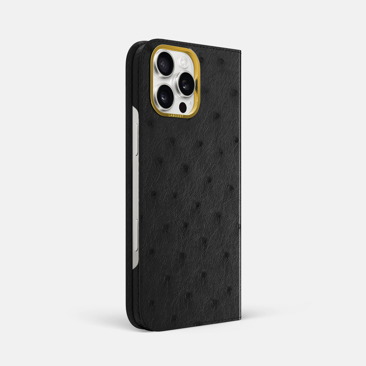 Black iPhone 16 Pro Max Folio Case Ostrich with Gold Metal -1 | Black-Gold