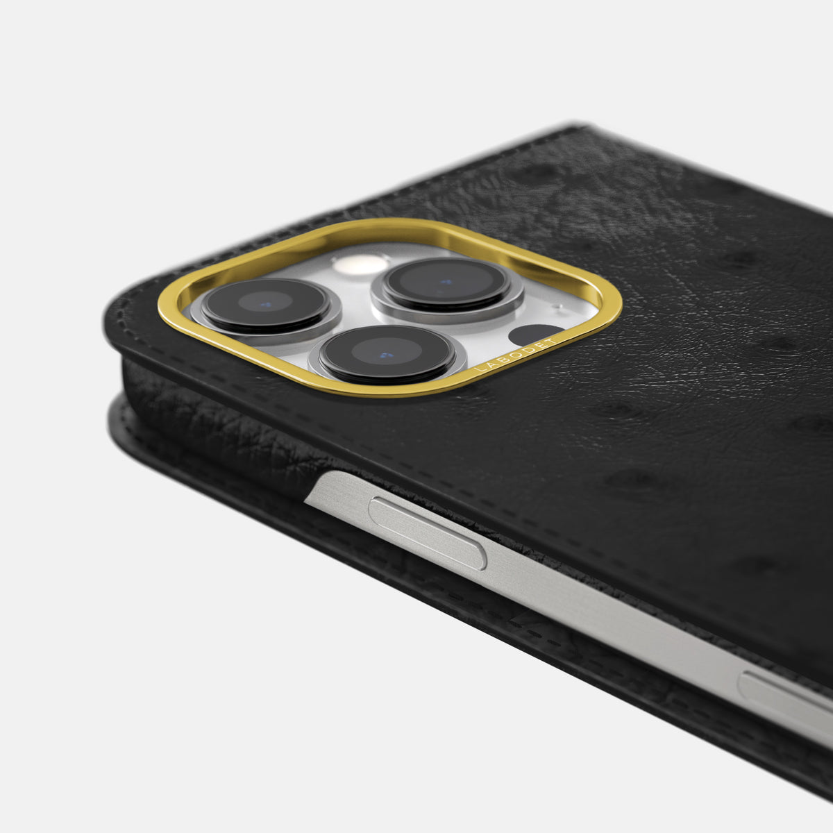 Black iPhone 16 Pro Max Folio Case Ostrich with Gold Metal -5 | Black-Gold
