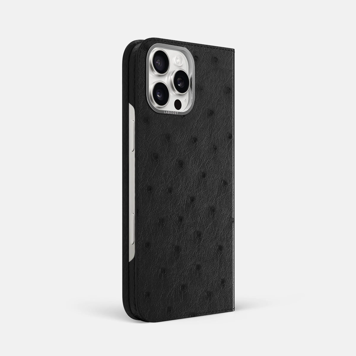 Black iPhone 16 Pro Max Folio Case Ostrich with Steel Metal -1 | Black-Steel