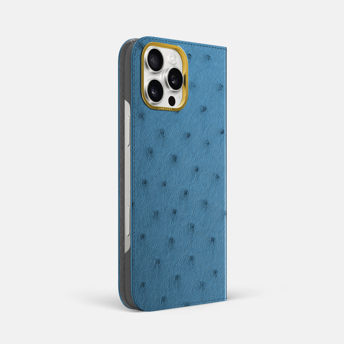 Blue-Jeans iPhone 16 Pro Max Folio Case Ostrich with Gold Metal -1 | Blue-Jeans-Gold