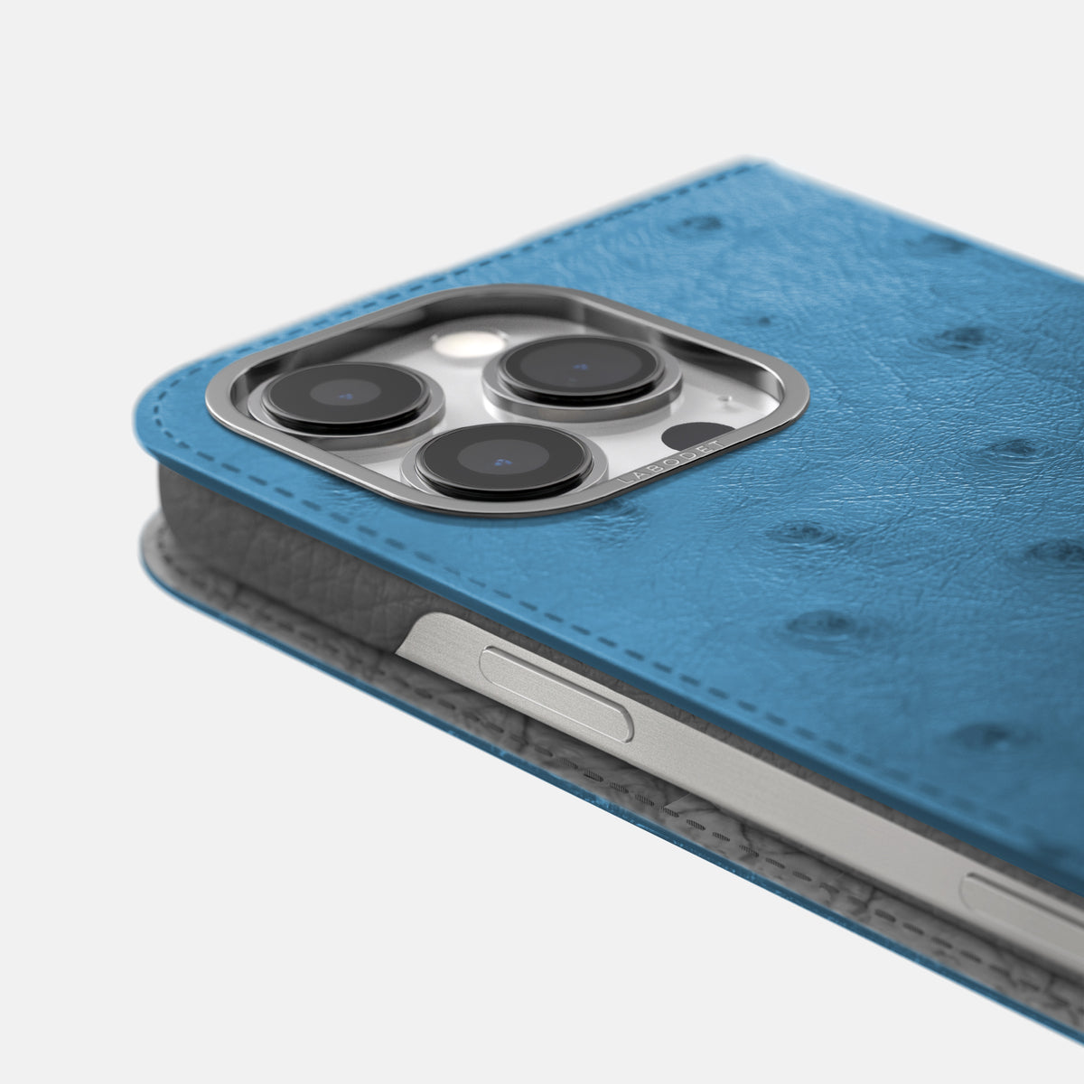 Blue-Jeans iPhone 16 Pro Max Folio Case Ostrich with Steel Metal -5 | Blue-Jeans-Steel
