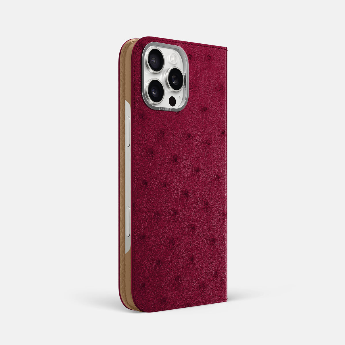 Bordeaux iPhone 16 Pro Max Folio Case Ostrich with Steel Metal -1 | Bordeaux-Steel