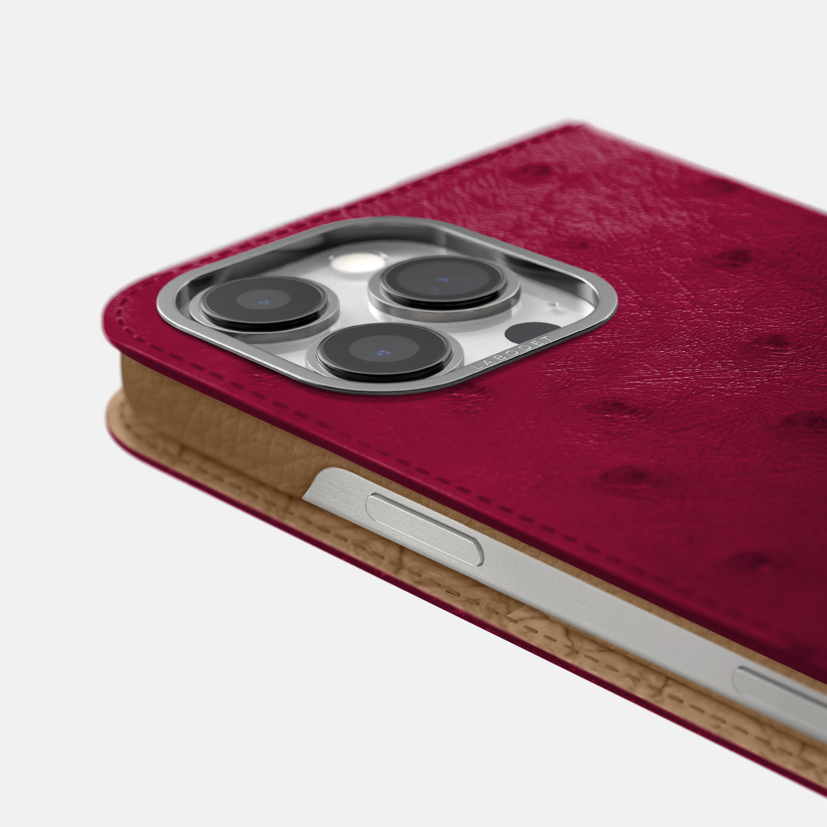 Bordeaux iPhone 16 Pro Max Folio Case Ostrich with Steel Metal -5 | Bordeaux-Steel