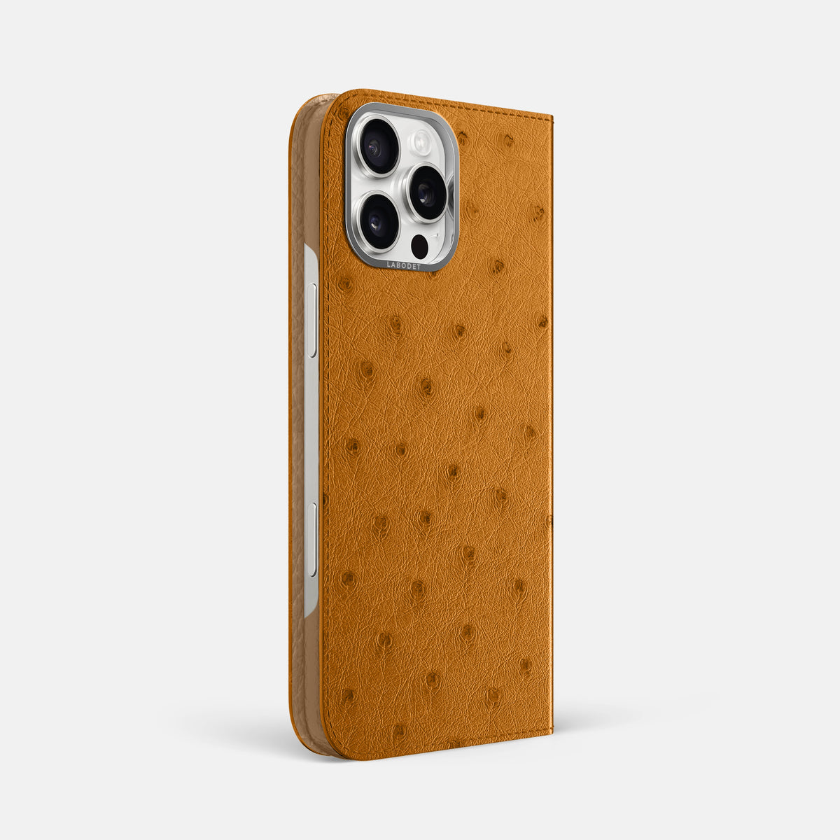 Chestnut iPhone 16 Pro Max Folio Case Ostrich with Steel Metal -1 | Chestnut-Steel