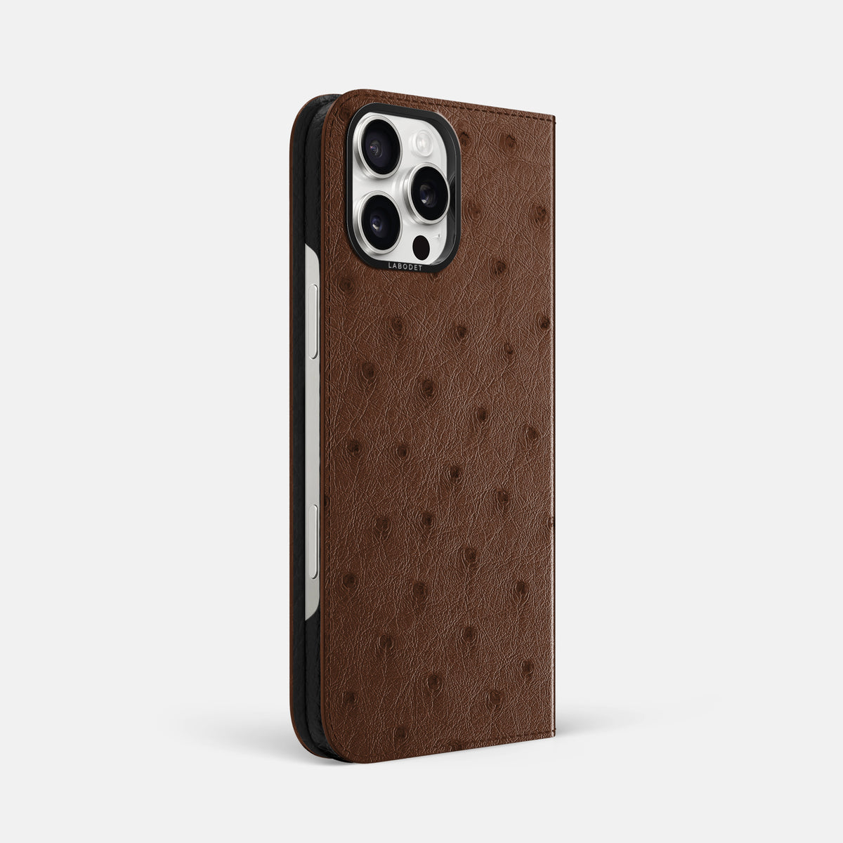 Chocolate iPhone 16 Pro Max Folio Case Ostrich with Black Metal -1 | Chocolate-Black
