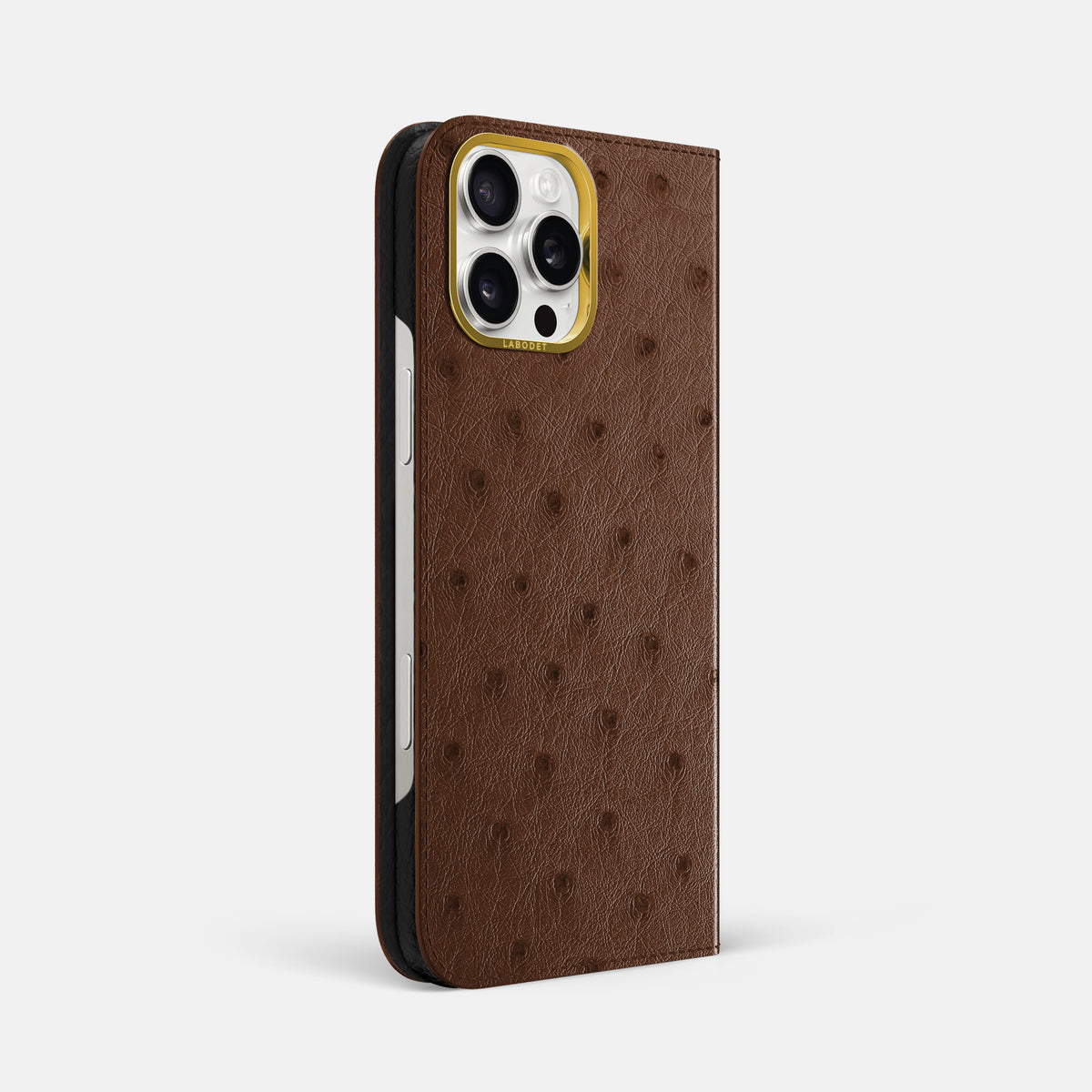 Chocolate iPhone 16 Pro Max Folio Case Ostrich with Gold Metal -1 | Chocolate-Gold