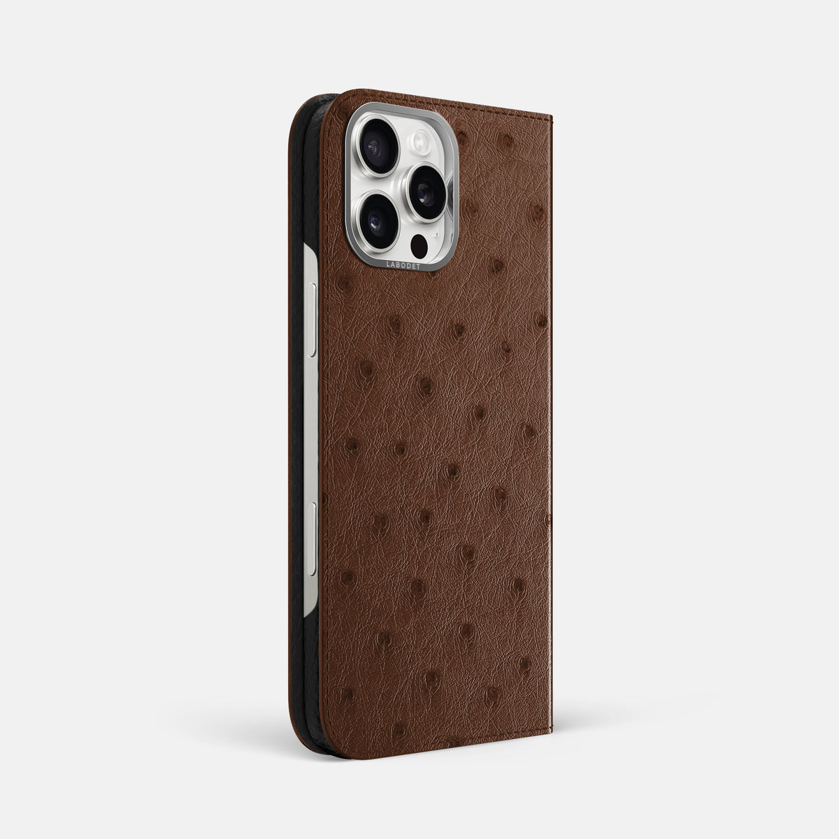 Chocolate iPhone 16 Pro Max Folio Case Ostrich with Steel Metal -1 | Chocolate-Steel