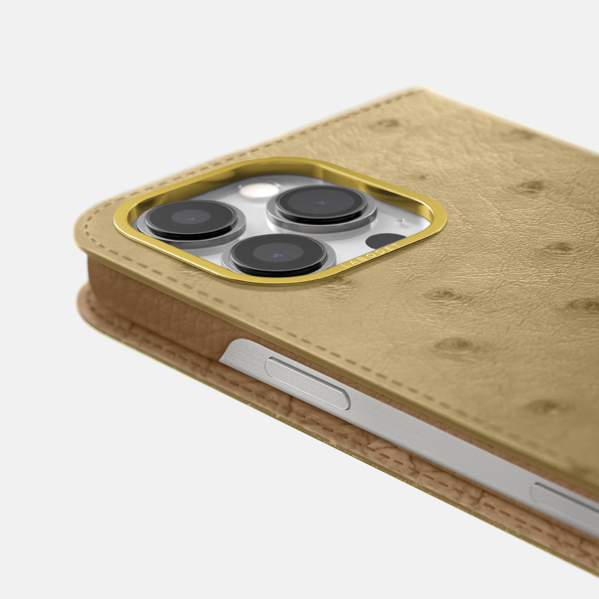 Desert-Sand iPhone 16 Pro Max Folio Case Ostrich with Gold Metal -5 | Desert-Sand-Gold