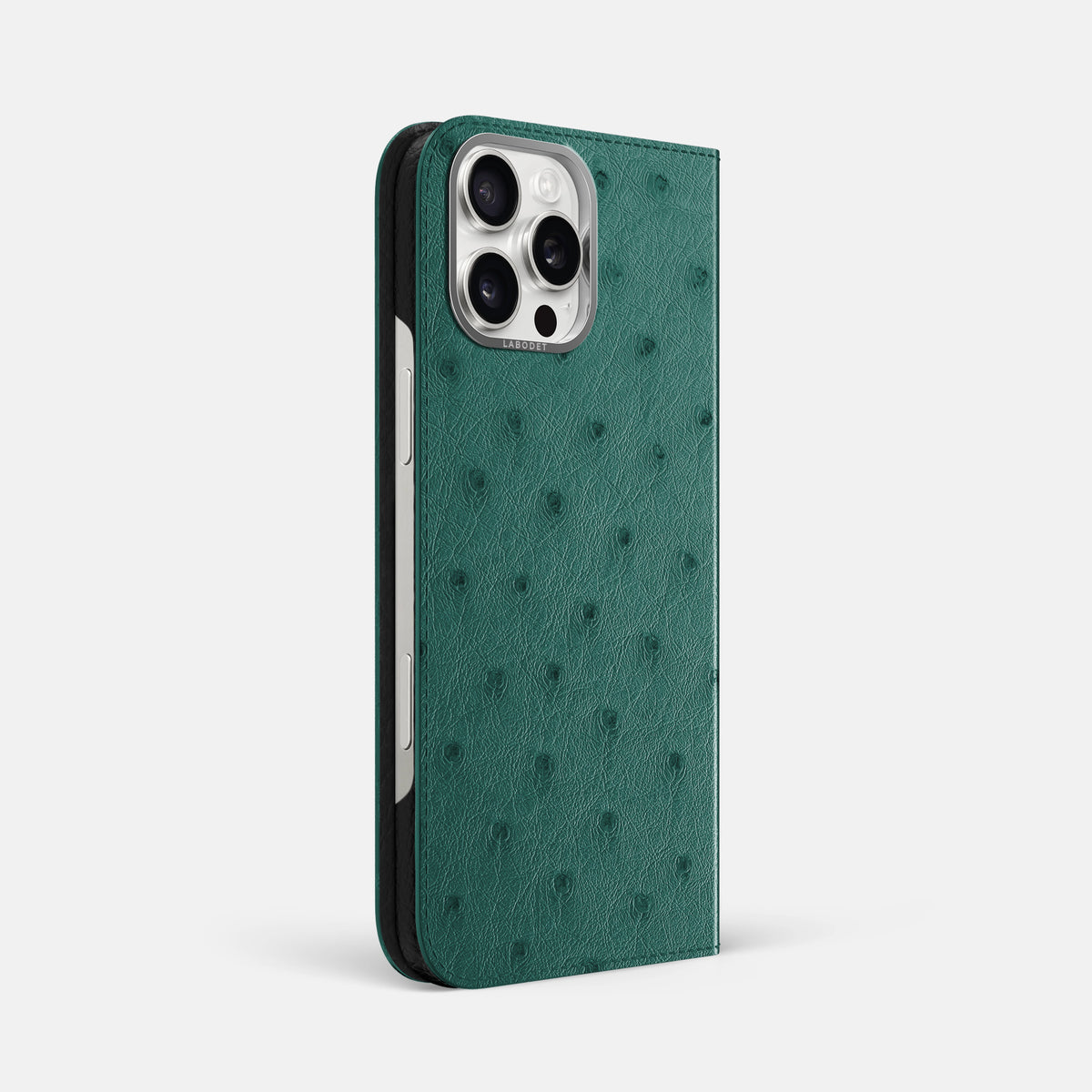 Forest-Green iPhone 16 Pro Max Folio Case Ostrich with Steel Metal -1 | Forest-Green-Steel