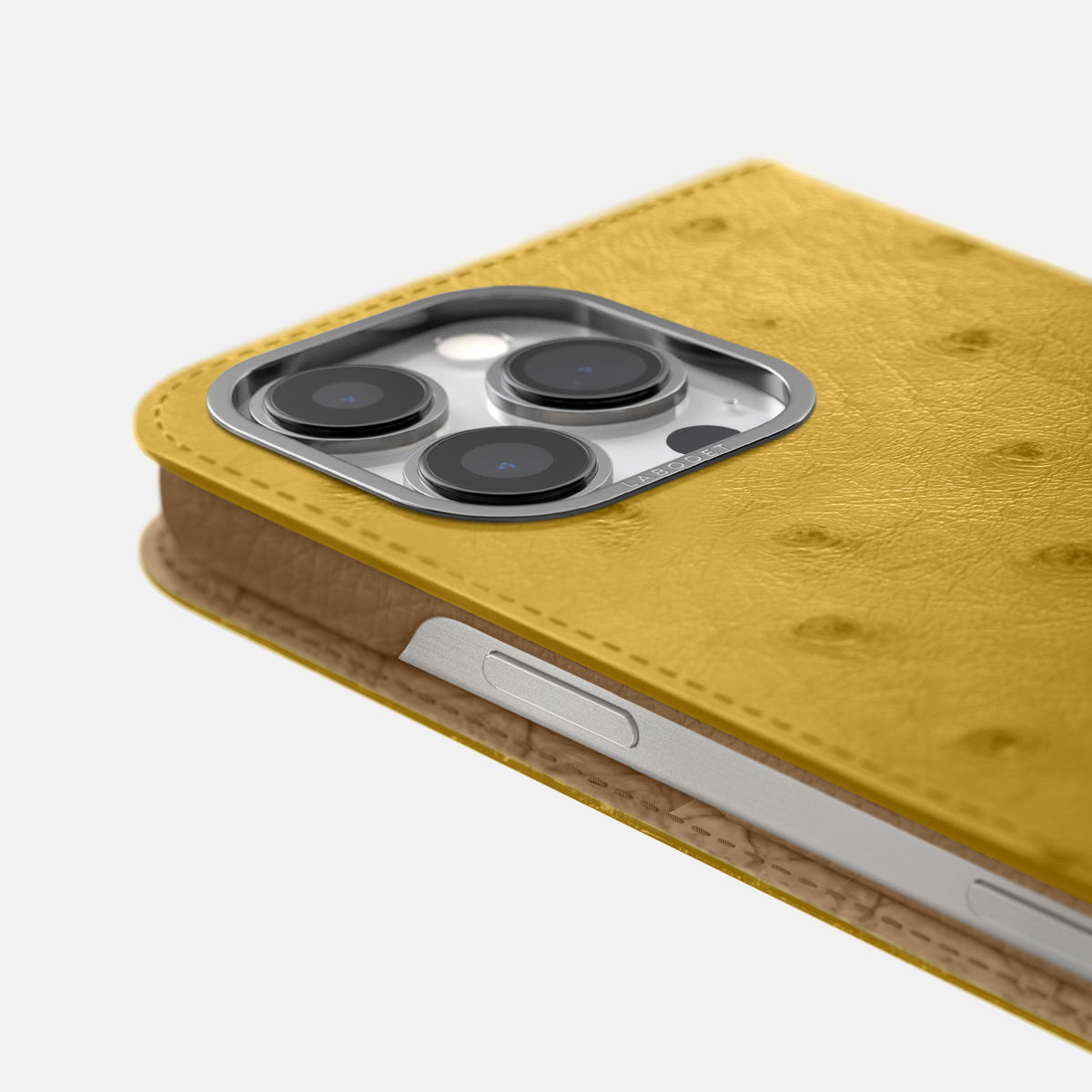 Gold iPhone 16 Pro Max Folio Case Ostrich with Steel Metal -5 | Gold-Steel