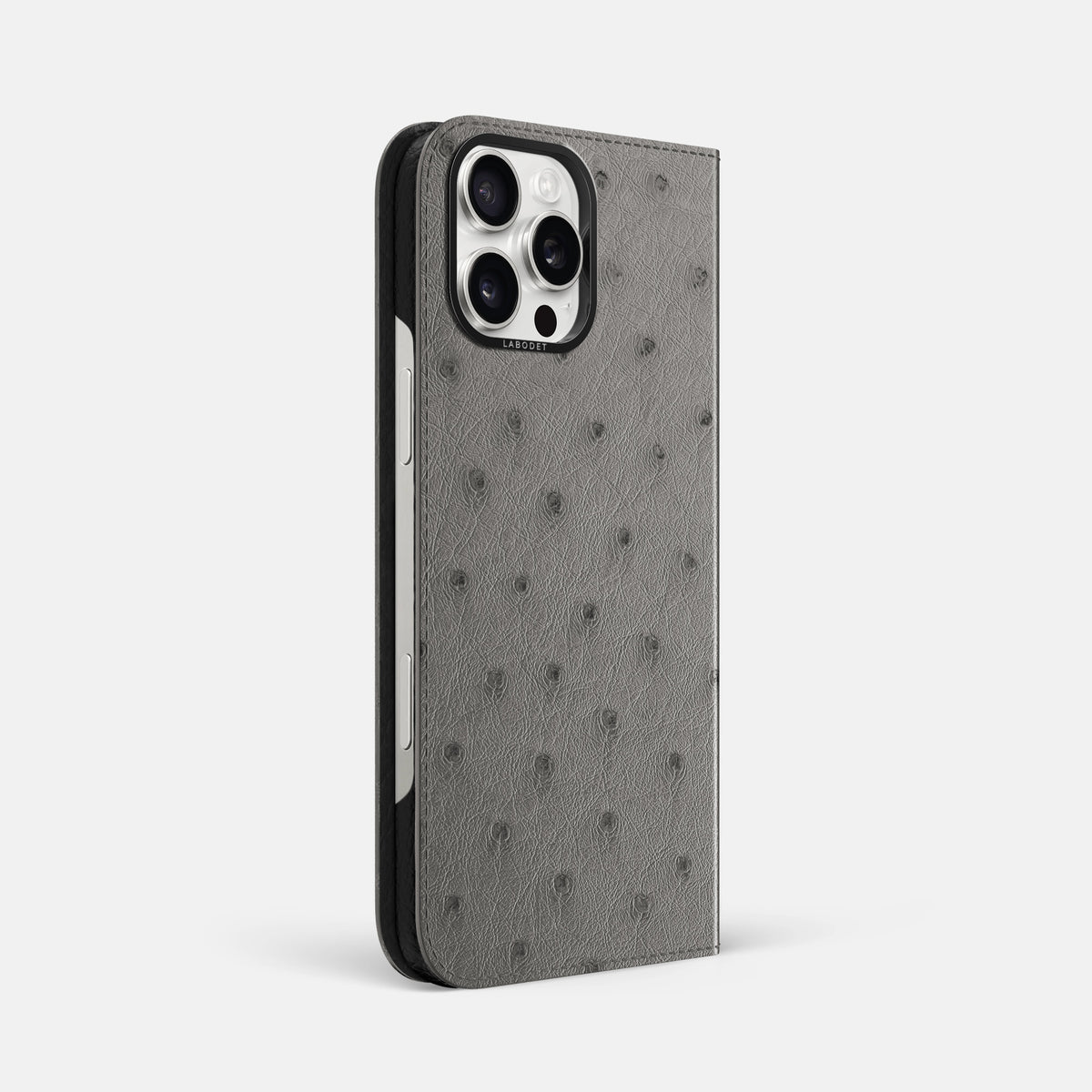 Grey iPhone 16 Pro Max Folio Case Ostrich with Black Metal -1 | Grey-Black