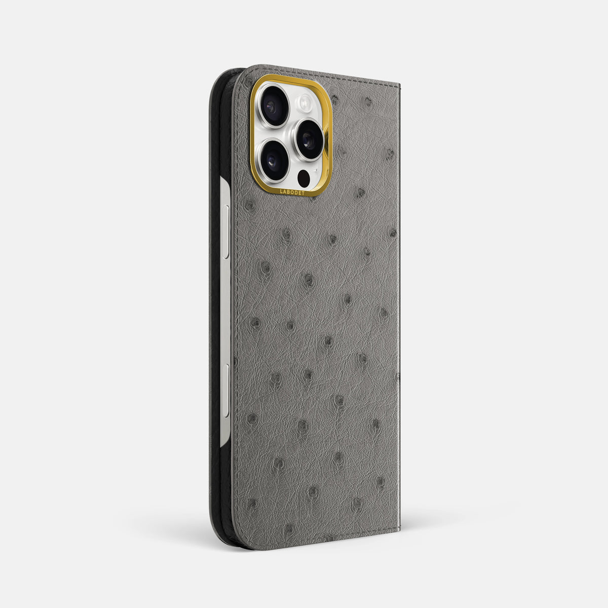 Grey iPhone 16 Pro Max Folio Case Ostrich with Gold Metal -1 | Grey-Gold