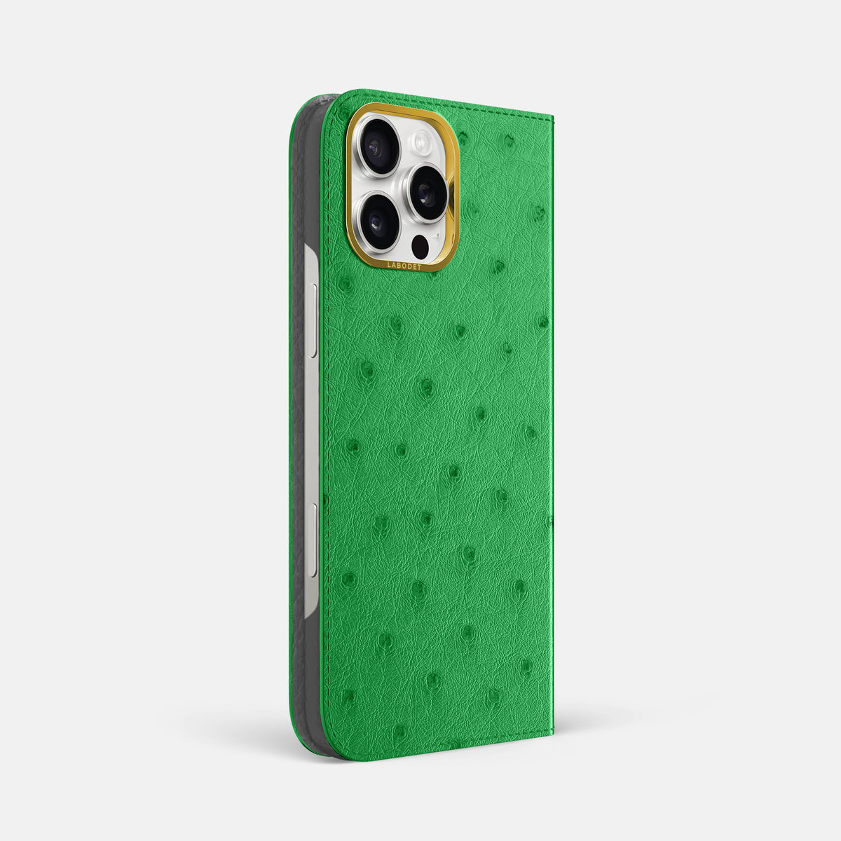 Kentucky Green iPhone 16 Pro Max Folio Case Ostrich with Gold Metal -1 | Kentucky-Green-Gold
