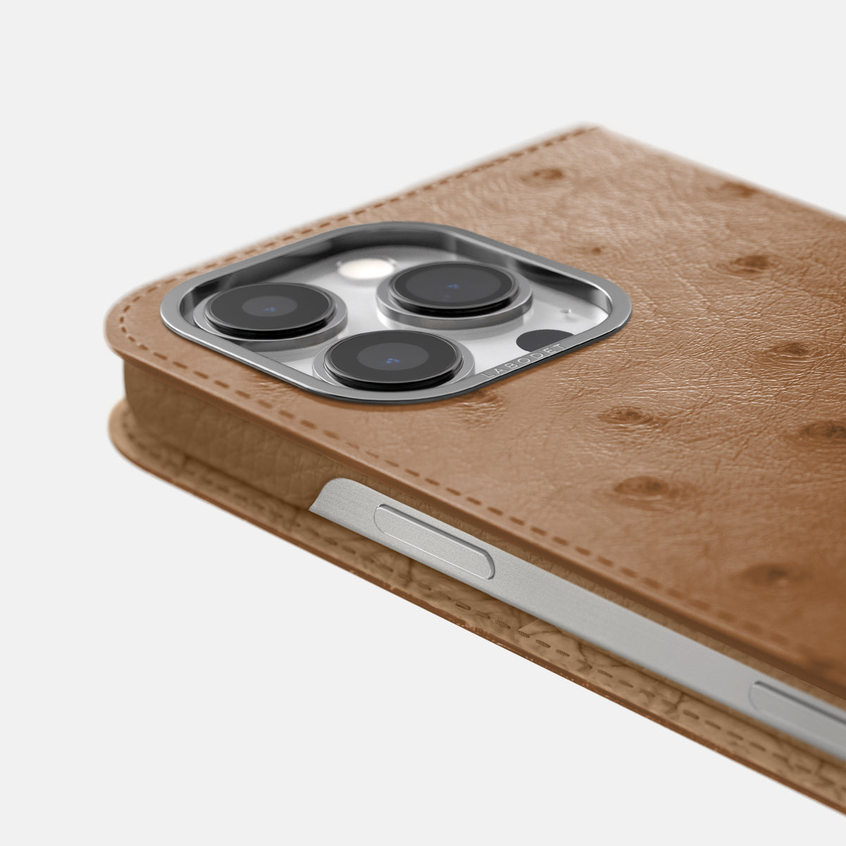 Medium-Brown iPhone 16 Pro Max Folio Case Ostrich with Steel Metal -5 | Medium-Brown-Steel