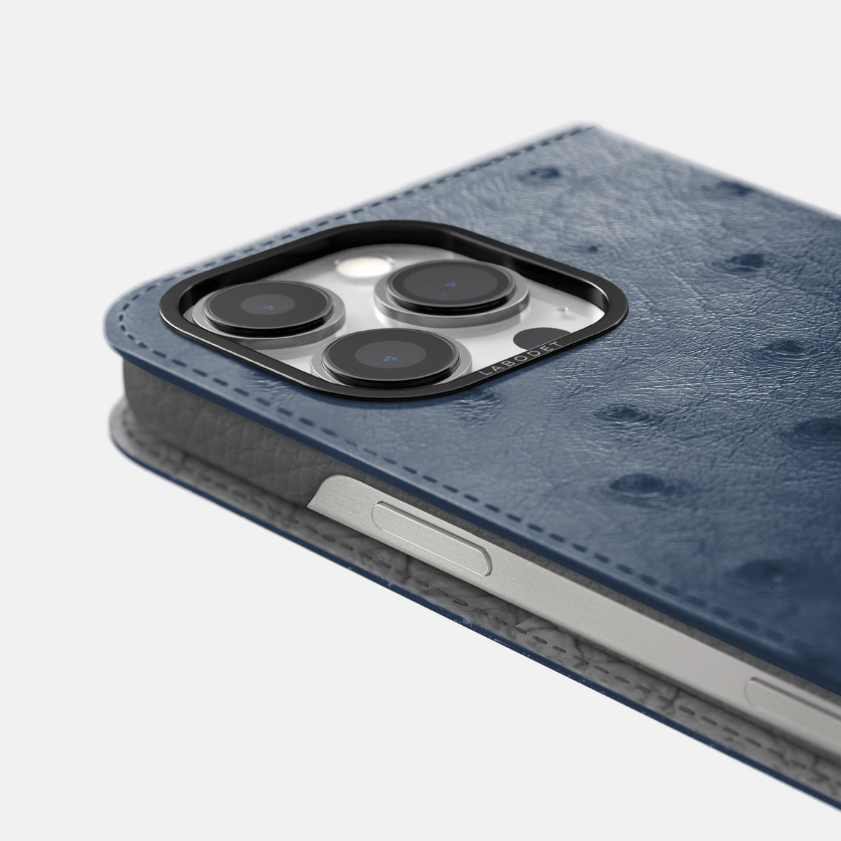 Navy-Blue iPhone 16 Pro Max Folio Case Ostrich with Black Metal -5 | Navy-Blue-Black