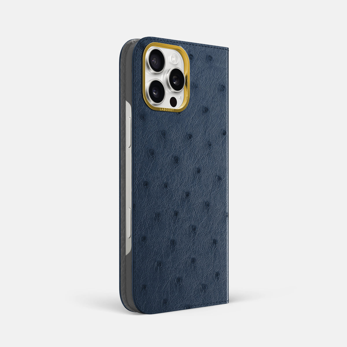 Navy-Blue iPhone 16 Pro Max Folio Case Ostrich with Gold Metal -1 | Navy-Blue-Gold