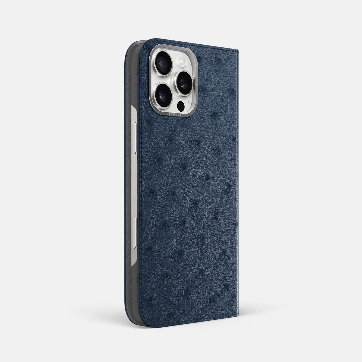 Navy-Blue iPhone 16 Pro Max Folio Case Ostrich with Steel Metal -1 | Navy-Blue-Steel