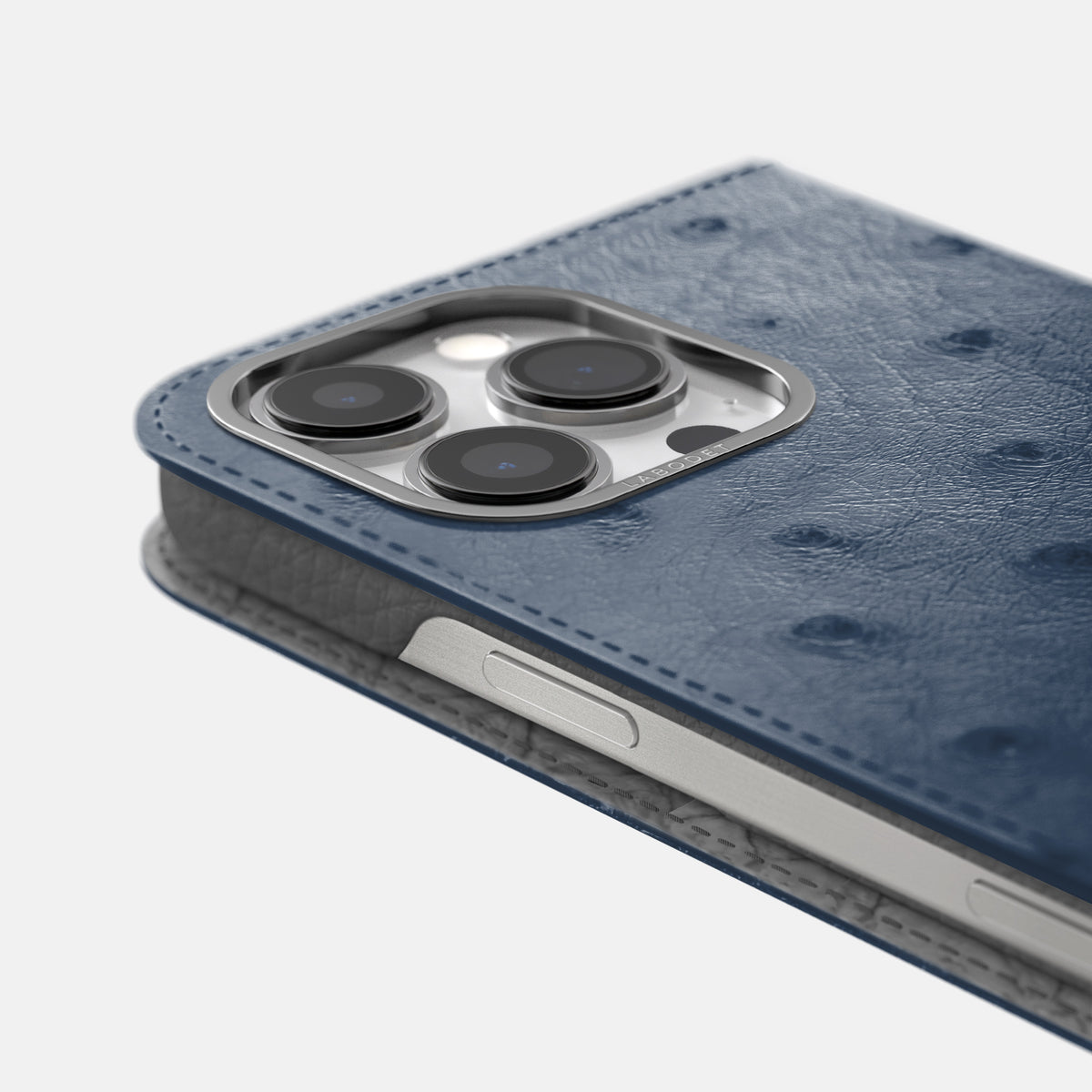 Navy-Blue iPhone 16 Pro Max Folio Case Ostrich with Steel Metal -5 | Navy-Blue-Steel