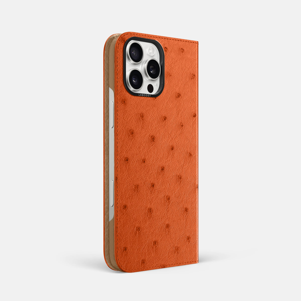 Orange iPhone 16 Pro Max Folio Case Ostrich with Black Metal -1 | Orange-Black