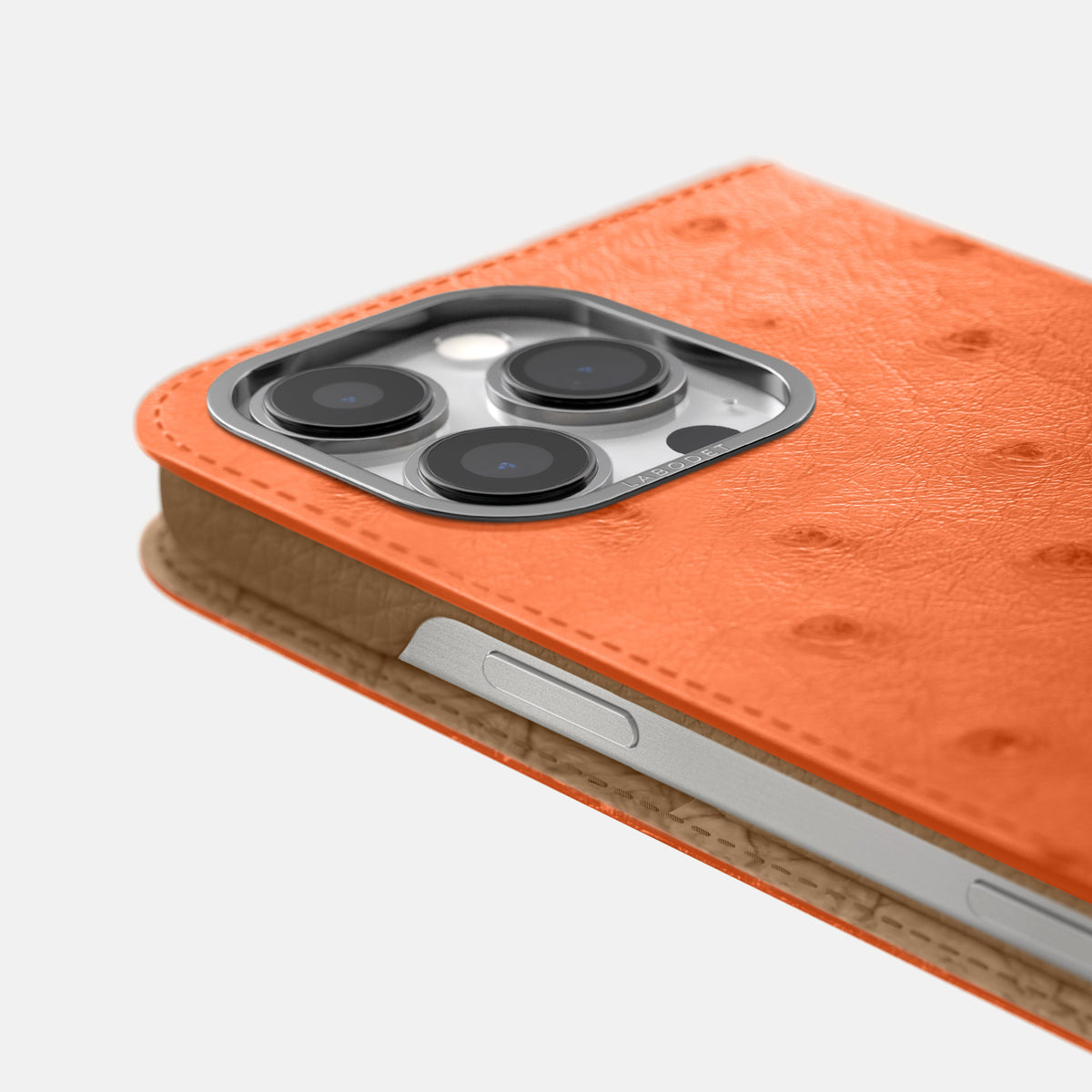 Orange iPhone 16 Pro Max Folio Case Ostrich with Steel Metal -5 | Orange-Steel