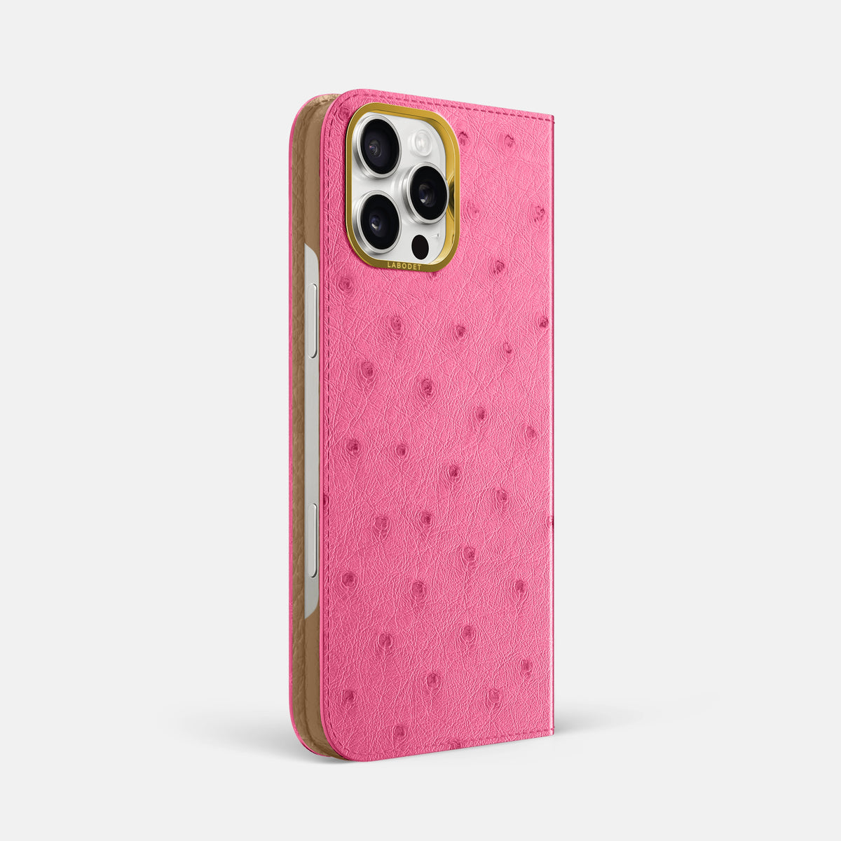 Pink iPhone 16 Pro Max Folio Case Ostrich with Gold Metal -1 | Pink-Gold