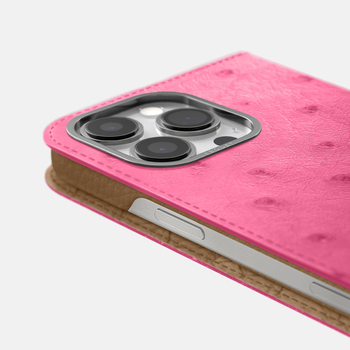 Pink iPhone 16 Pro Max Folio Case Ostrich with Steel Metal -5 | Pink-Steel