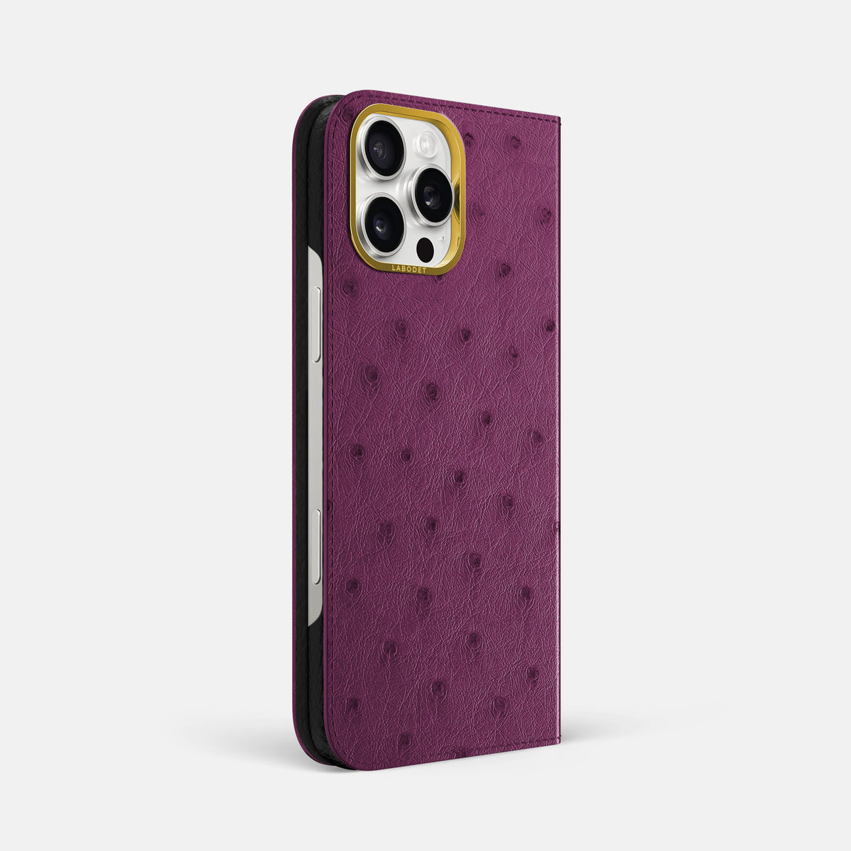 Purple iPhone 16 Pro Max Folio Case Ostrich with Gold Metal -1 | Purple-Gold