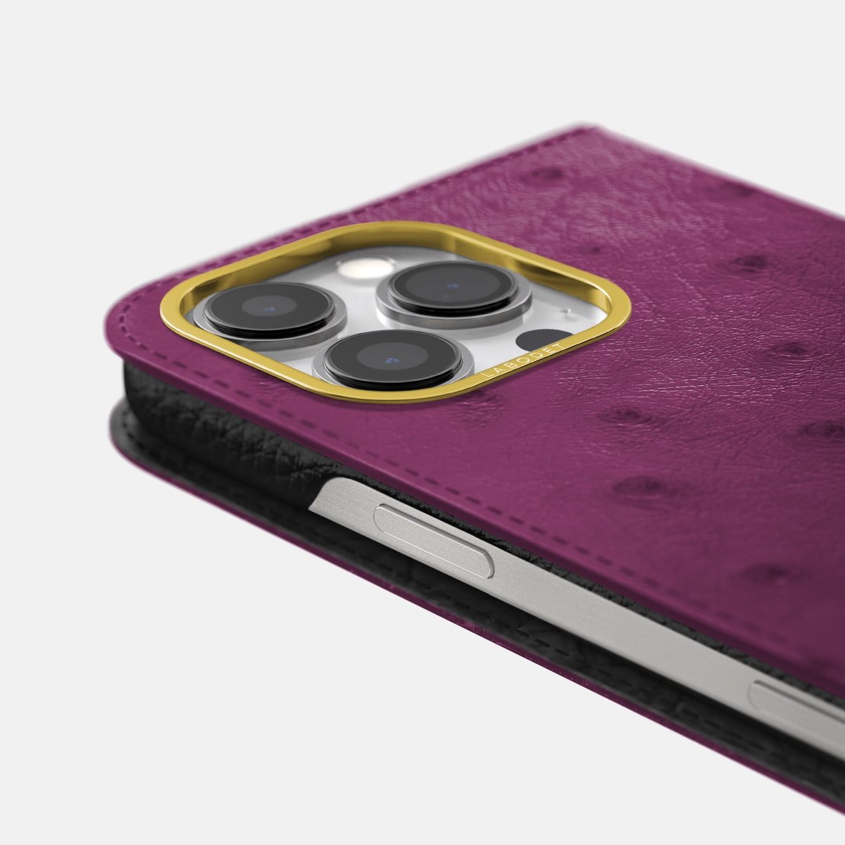 Purple iPhone 16 Pro Max Folio Case Ostrich with Gold Metal -5 | Purple-Gold
