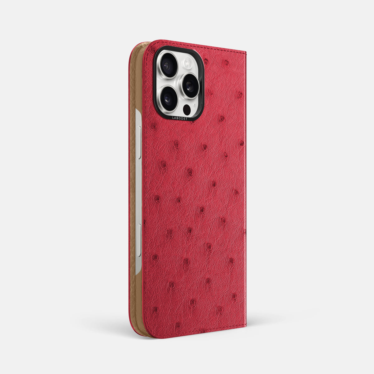 Red iPhone 16 Pro Max Folio Case Ostrich with Black Metal -1 | Red-Black