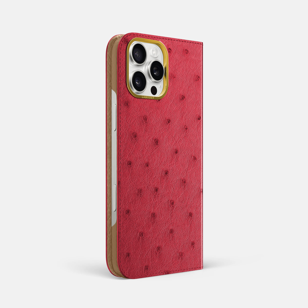 Red iPhone 16 Pro Max Folio Case Ostrich with Gold Metal -1 | Red-Gold