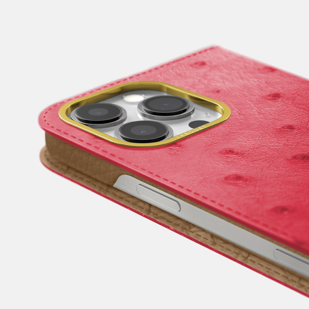 Red iPhone 16 Pro Max Folio Case Ostrich with Gold Metal -5 | Red-Gold