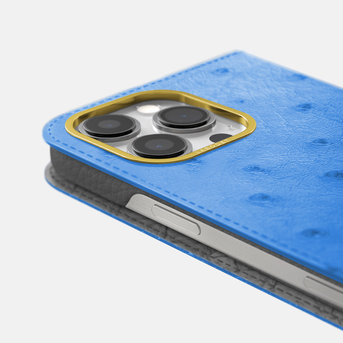 Royal-Blue iPhone 16 Pro Max Folio Case Ostrich with Gold Metal -5 | Royal-Blue-Gold