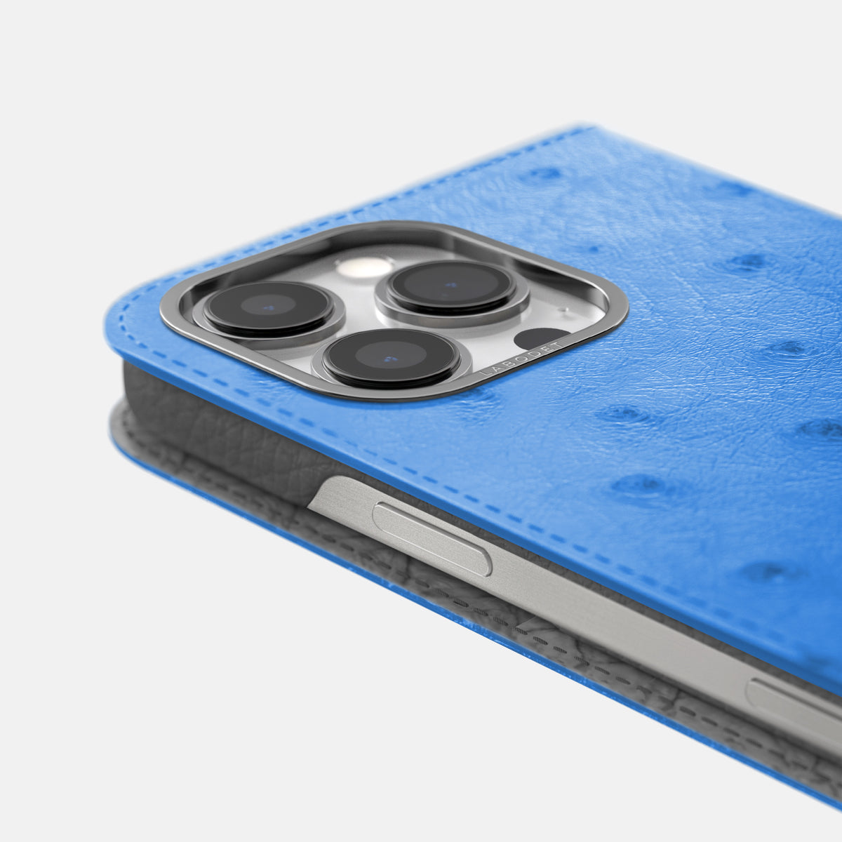 Royal-Blue iPhone 16 Pro Max Folio Case Ostrich with Steel Metal -5 | Royal-Blue-Steel