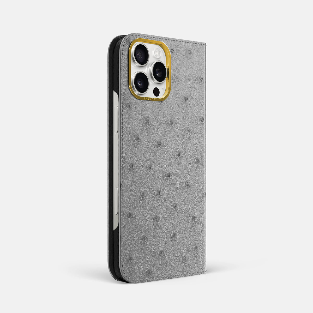 Silver iPhone 16 Pro Max Folio Case Ostrich with Gold Metal -1 | Silver-Gold