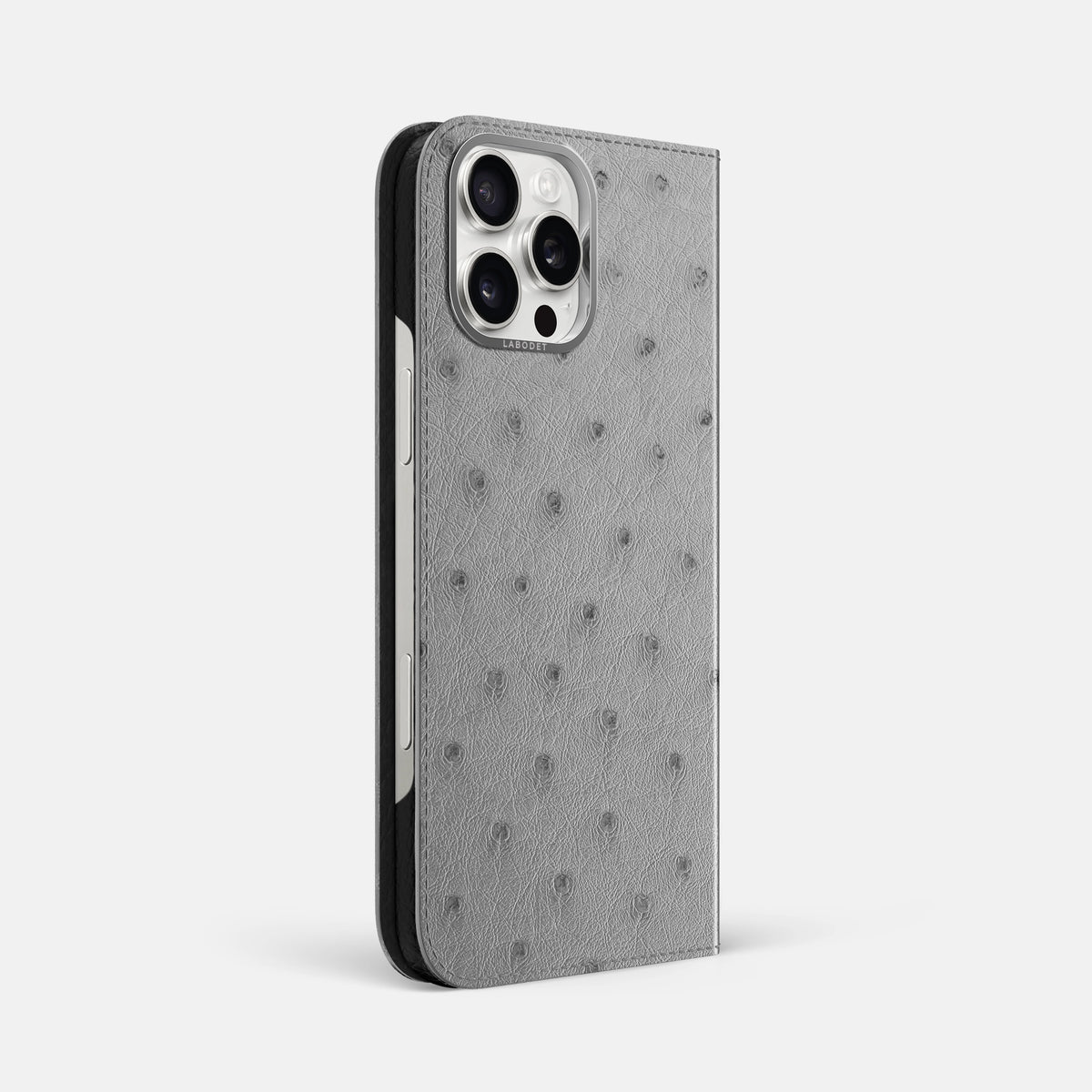 Silver iPhone 16 Pro Max Folio Case Ostrich with Steel Metal -1 | Silver-Steel