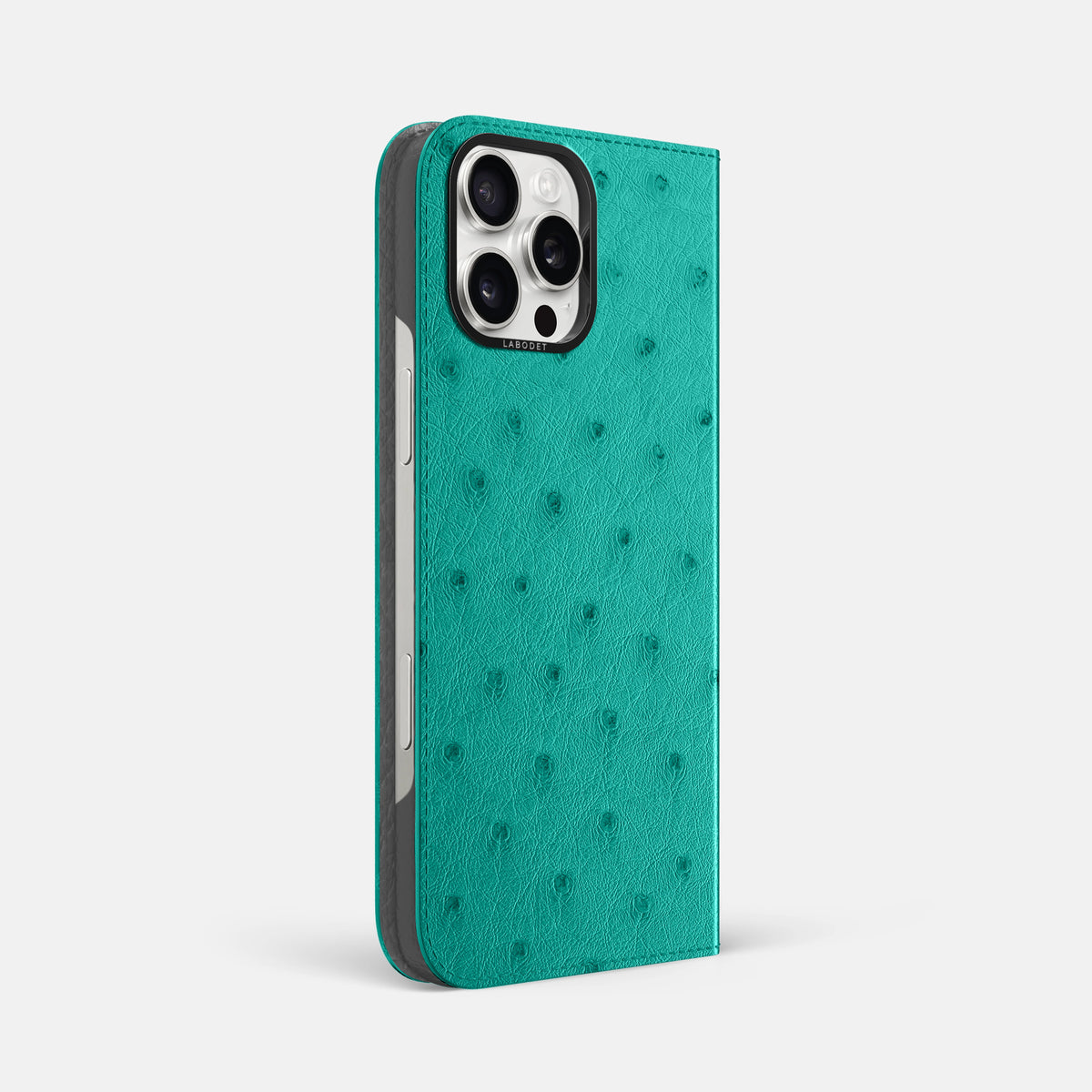 Turquoise iPhone 16 Pro Max Folio Case Ostrich with Black Metal -1 | Turquoise-Black