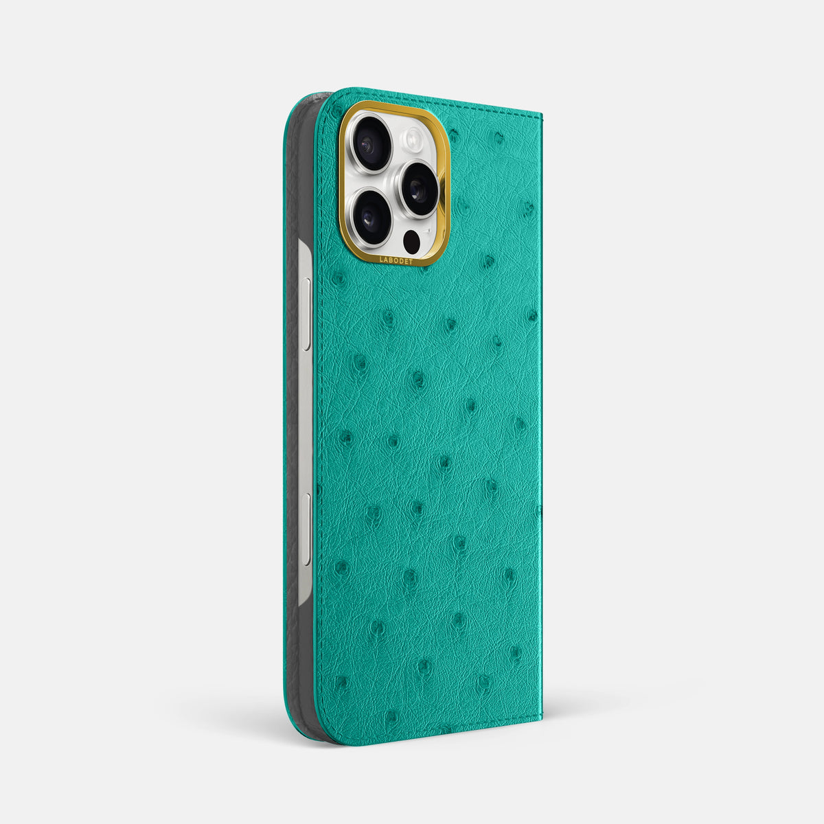 Turquoise iPhone 16 Pro Max Folio Case Ostrich with Gold Metal -1 | Turquoise-Gold