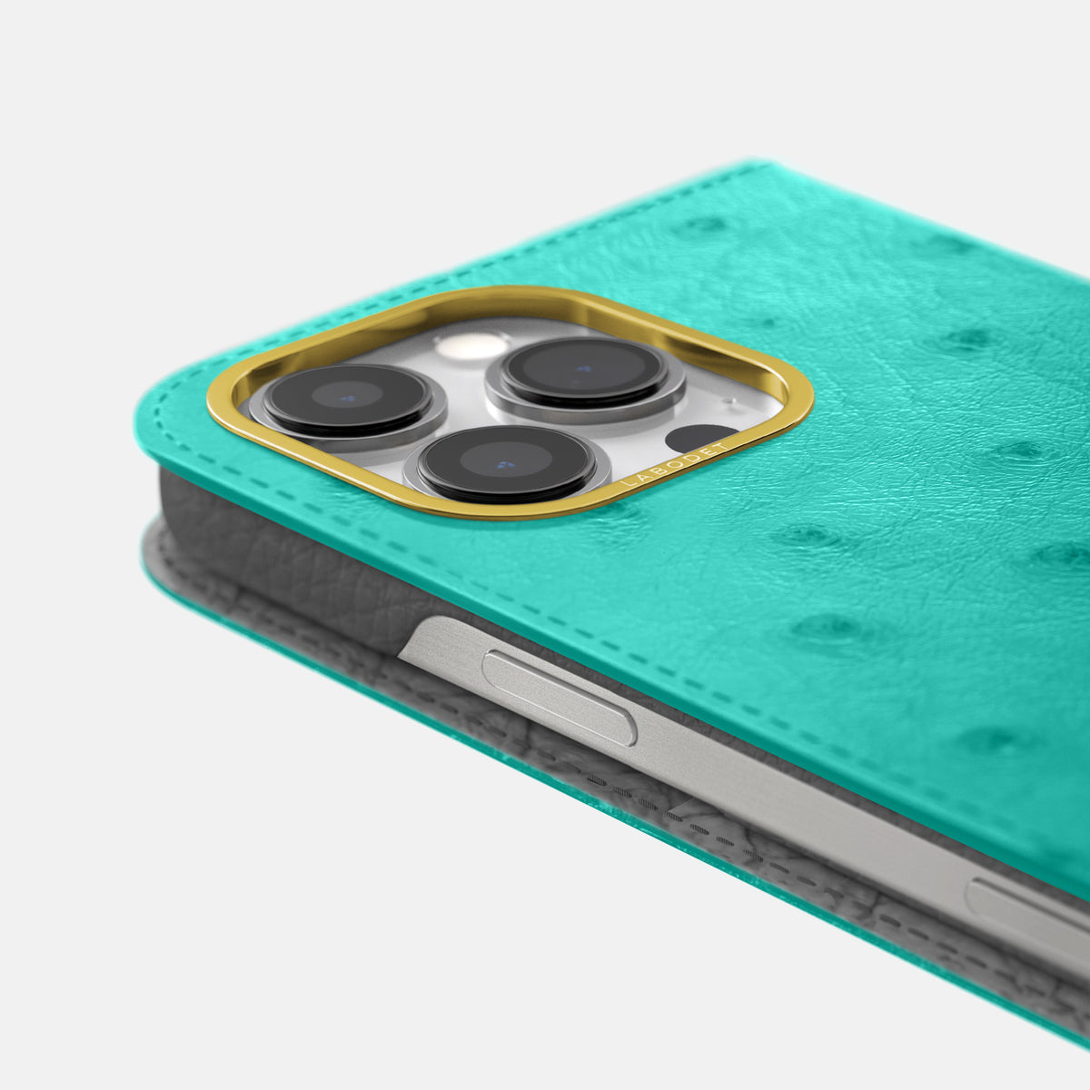 Turquoise iPhone 16 Pro Max Folio Case Ostrich with Gold Metal -5 | Turquoise-Gold