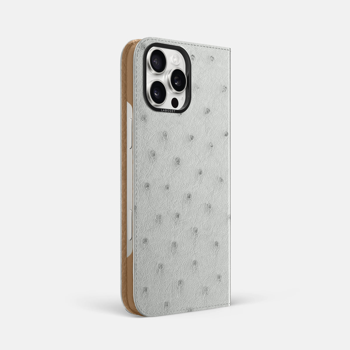 White iPhone 16 Pro Max Folio Case Ostrich with Black Metal -1 | White-Black