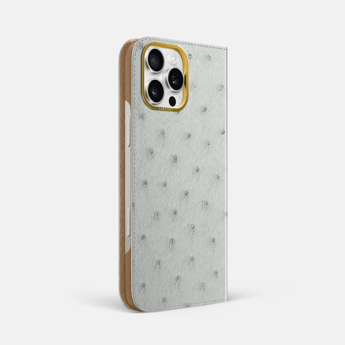White iPhone 16 Pro Max Folio Case Ostrich with Gold Metal -1 | White-Gold