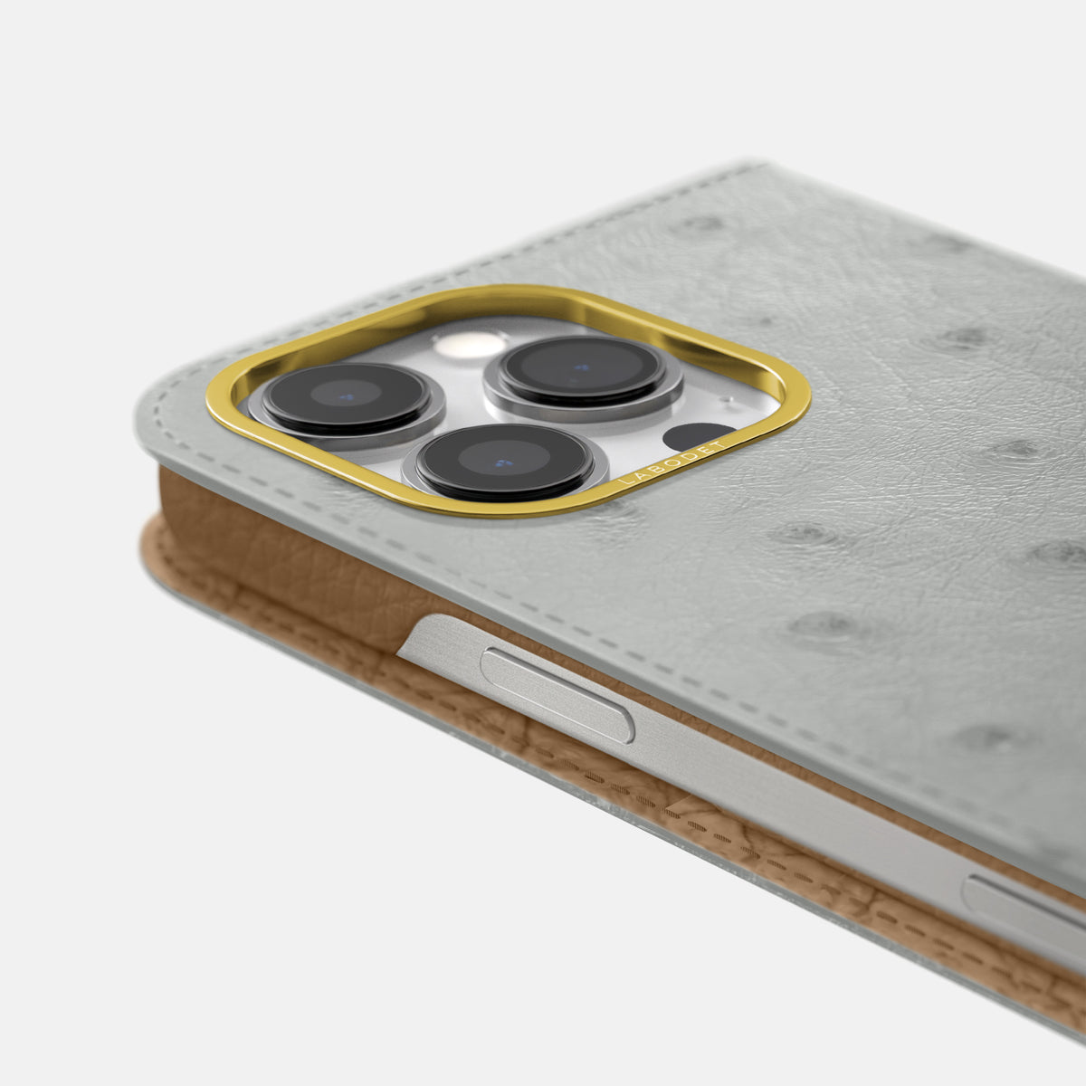 White iPhone 16 Pro Max Folio Case Ostrich with Gold Metal -5 | White-Gold