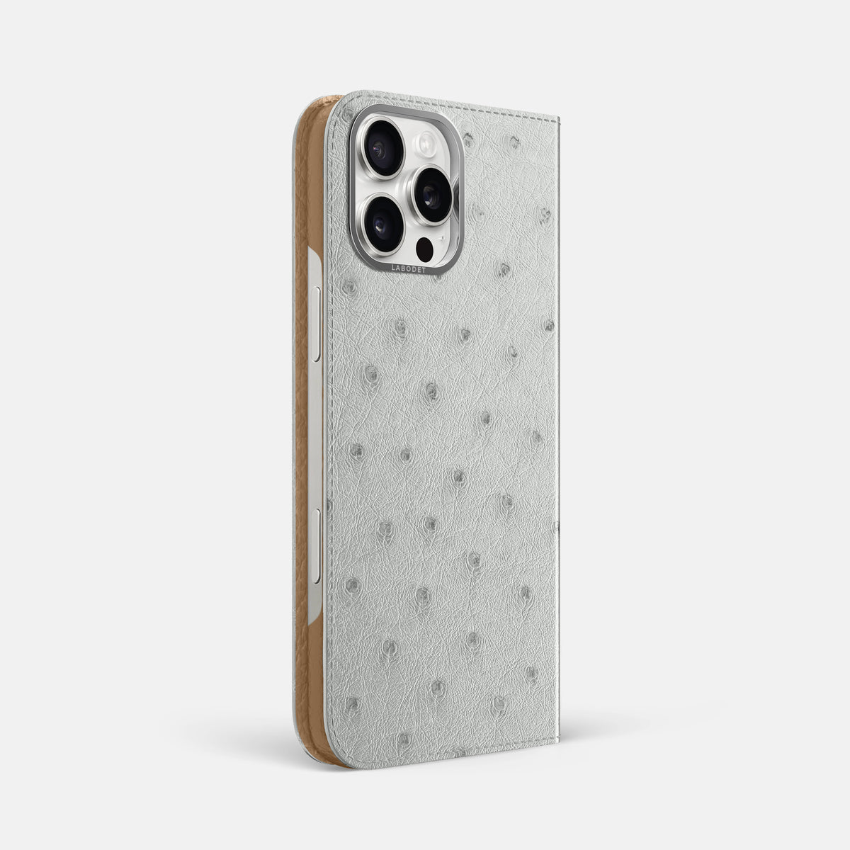 White iPhone 16 Pro Max Folio Case Ostrich with Steel Metal -1 | White-Steel